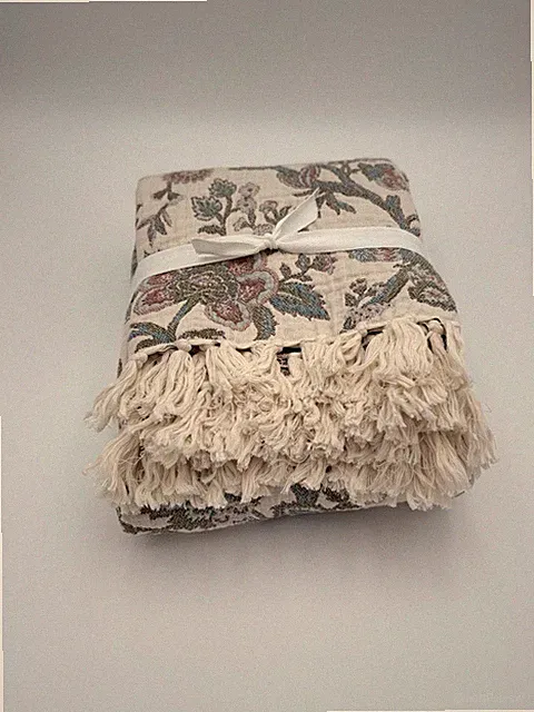 Rejuvenation Botanical Cotton Throw ~ 56” x 72” ~ Natural & Mist