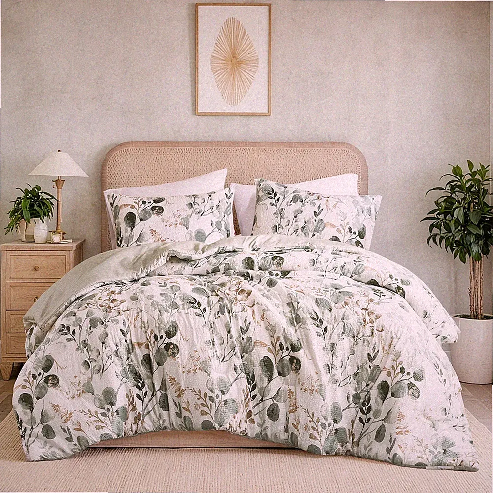 Reversible Floral Botanical Seersucker Breathable Comforter Set Twin Queen King