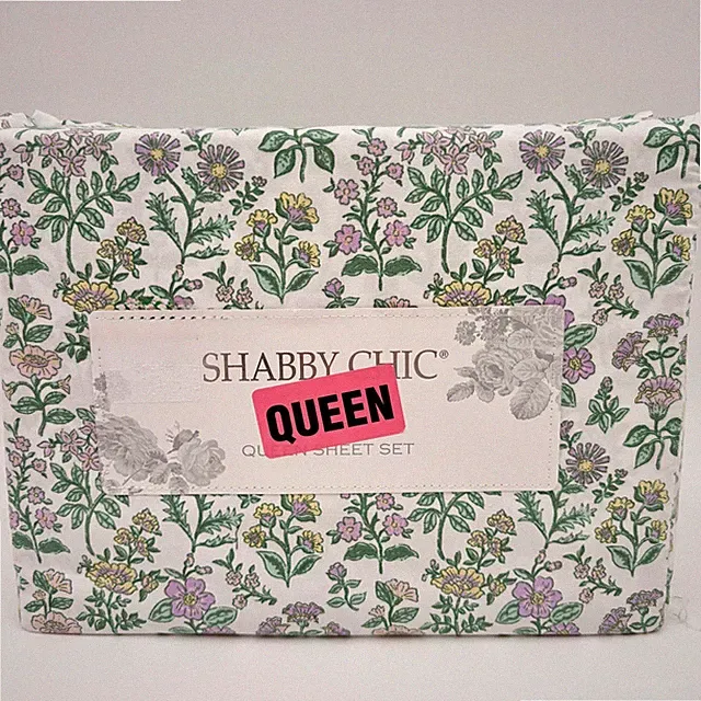 Shabby Chic Queen Sheet Set 4pc Floral Botanical Microfiber Purple Green White