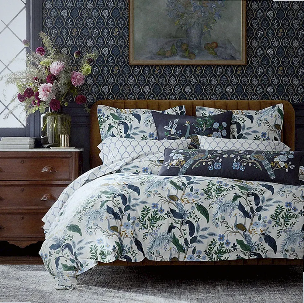 The Company Store Rifle Paper Co Peacock Sateen Duvet Cover Ivory