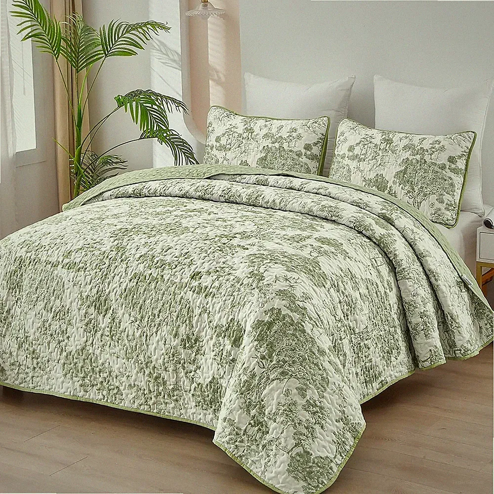 WONGS BEDDING Botanical Quilt Set Queen Size, Sage Green 3 Queen