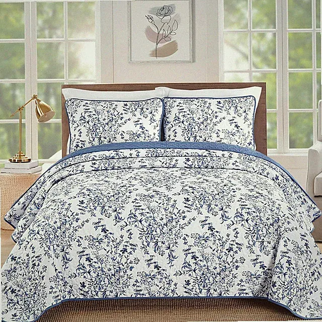 WONGS Queen King 3PC Botanical Floral Quilt Set Microfiber Coverlet All Season
