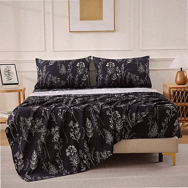 Yibeizi Black Floral Printed Sheet Set Queen, Dark Botanical Pattern Bed Sheets